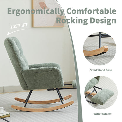 Modern Nursery Rocking Chair, Upholstered Glider Chair with High Backrest, Rocker Accent Armchair with Solid Wood Legs for Nursery Bedroom Living Room GREEN