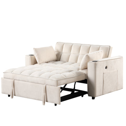 58" 4-1 Multi-functional Sofa Bed with Cup Holder and USB Port for Living Room or Apartments Milky White