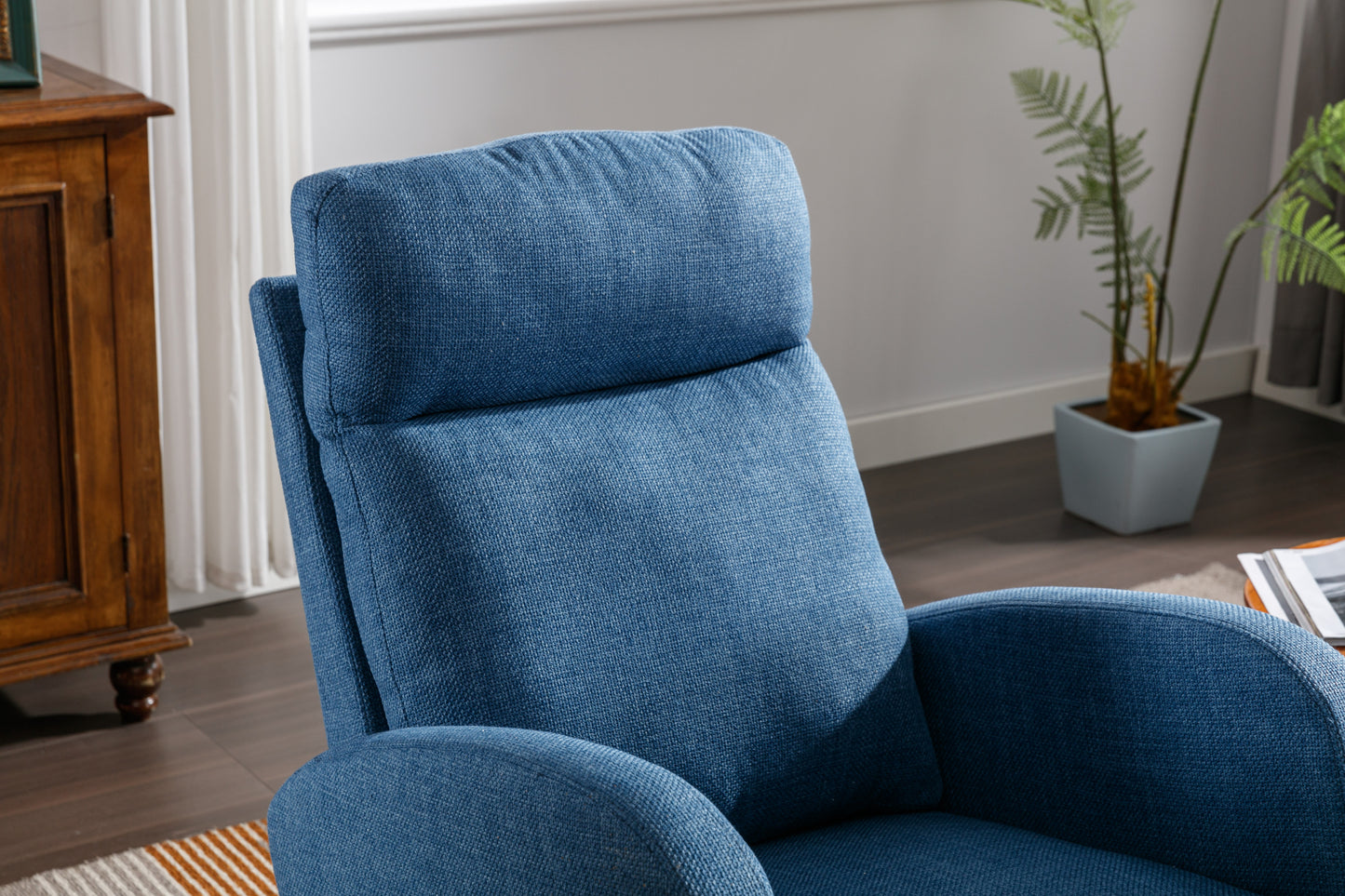 Rocking Chair, Modern Glider Chair, Recliner Armchair with Wood Legs and Side Pocket, Nursery Rocking Accent Chair with High Back for Living Room Bedroom (Blue linen)