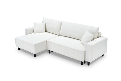 The 93-inch beige corduroy sofa bed comes with two pillows to fit in the living room and the apartment is not overcrowded