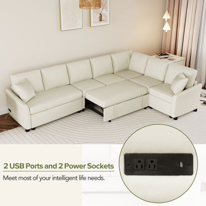 124.8"L-shaped Sofa Convertible Sofa Bed Pull Out Sofa Sleeper with Two Back Pillows, Two USB Ports and Two Power Sockets for Living Room, Beige