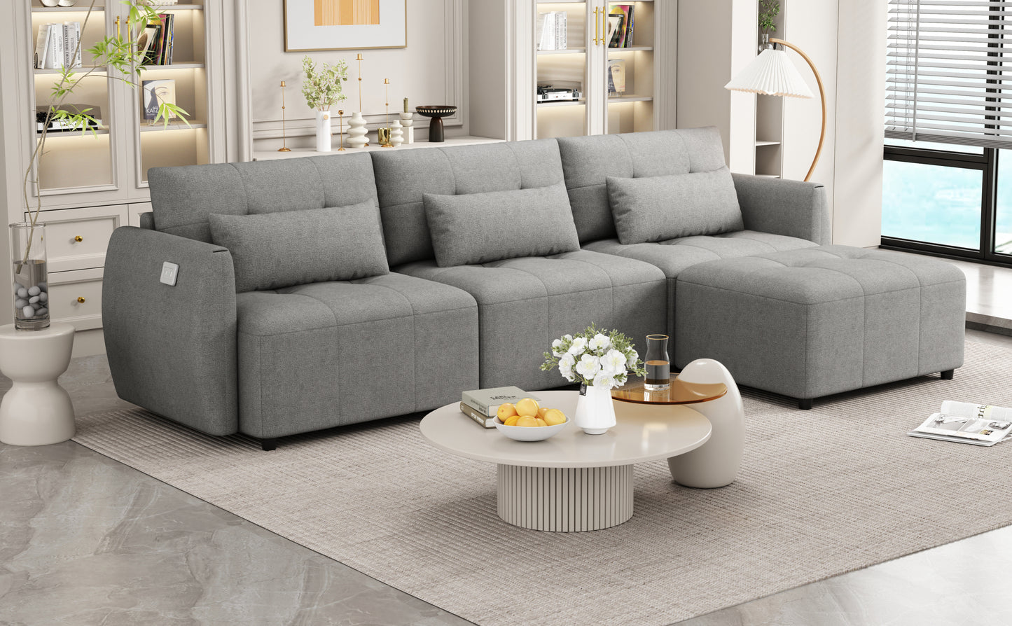 113.3" Convertible Sectional Sofa Couch 3-Seat L-Shaped Sofa with Movable Ottoman and USB for Apartment, Living Room, Bedroom, Grey