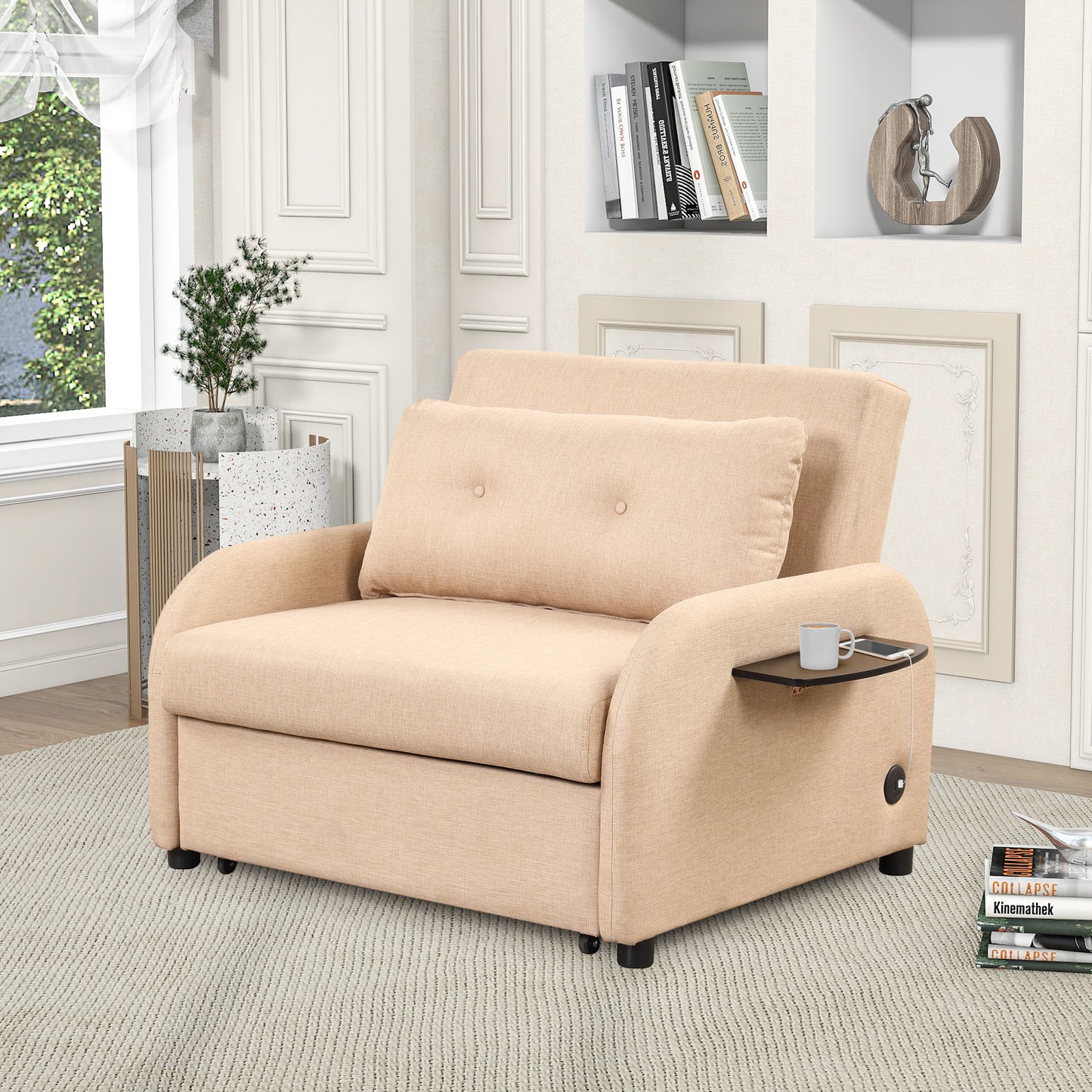 Pull out sofa sleeper 3 in 1 with 2 wing table and usb charge for nap line fabric for living room recreation room Beige