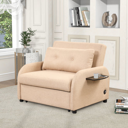 Pull out sofa sleeper 3 in 1 with 2 wing table and usb charge for nap line fabric for living room recreation room Beige