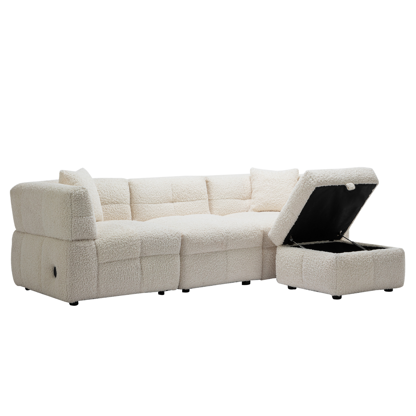 87.7" Sectional Sofa Cozy Teddy Fleece Fabric Sectional Sofa Couch with Two USB Ports a Movable Storage Ottoman and Two Lumbar Pillows for Living Room, Creamy White