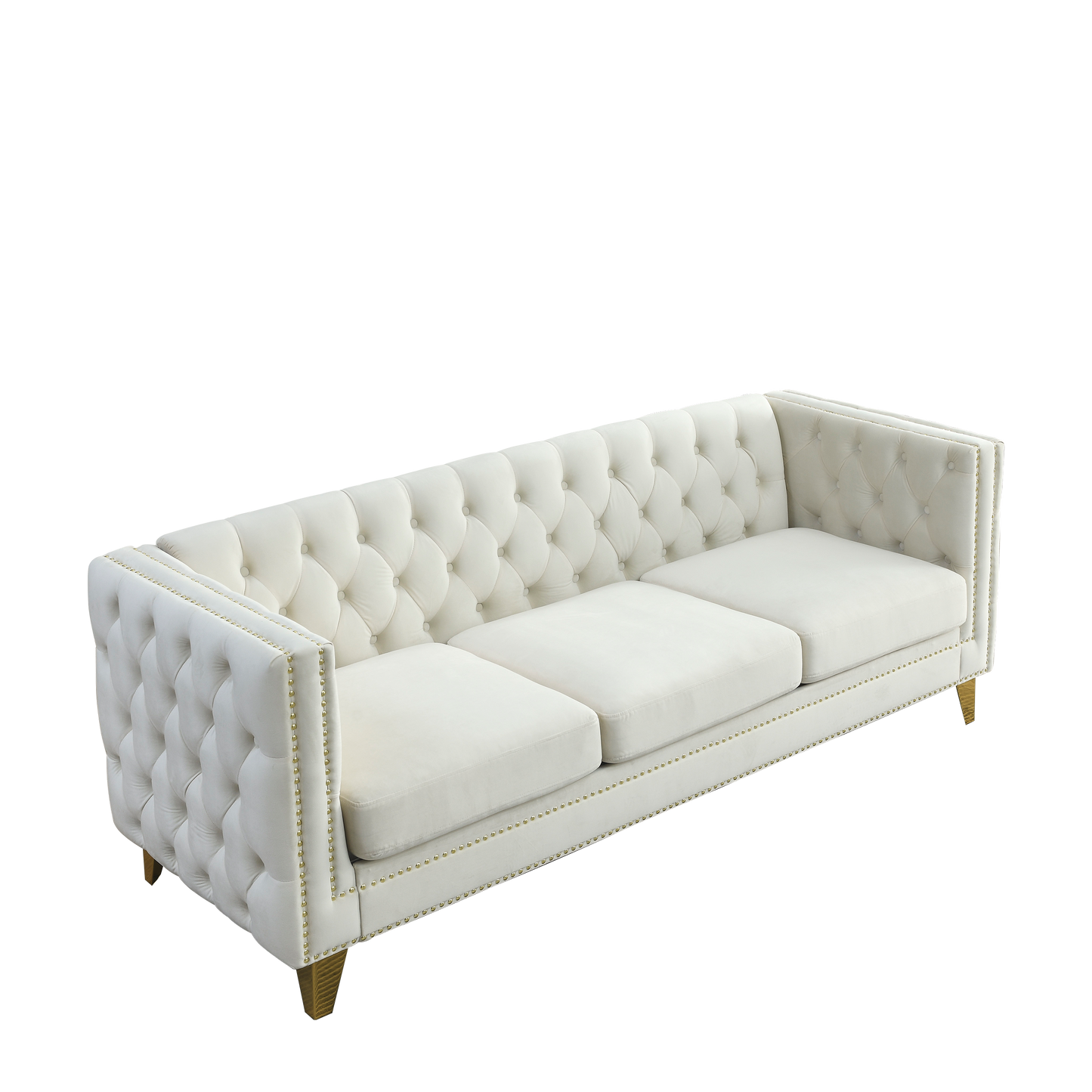 Velvet Sofa for Living Room,Buttons Tufted Square Arm Couch, Modern Couch Upholstered Button and Metal Legs, Sofa Couch for Bedroom, Beige Velvet,2PCS