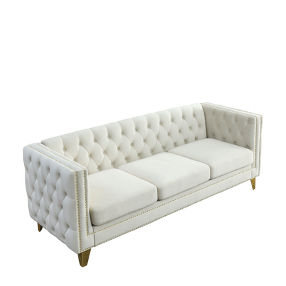 Velvet Sofa for Living Room,Buttons Tufted Square Arm Couch, Modern Couch Upholstered Button and Metal Legs, Sofa Couch for Bedroom, Beige Velvet,2PCS