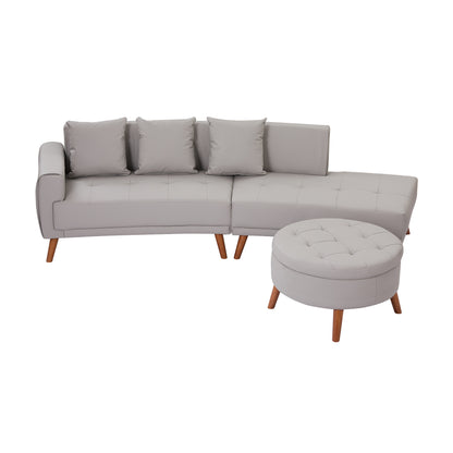 107" Contemporary Sofa Stylish Sofa Couch with a Round Storage Ottoman and Three Removable Pillows for Living Room, Grey