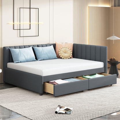 Full Size Upholstered Daybed with 2 Storage Drawers Sofa Bed Frame No Box Spring Needed, Linen Fabric (Gray)