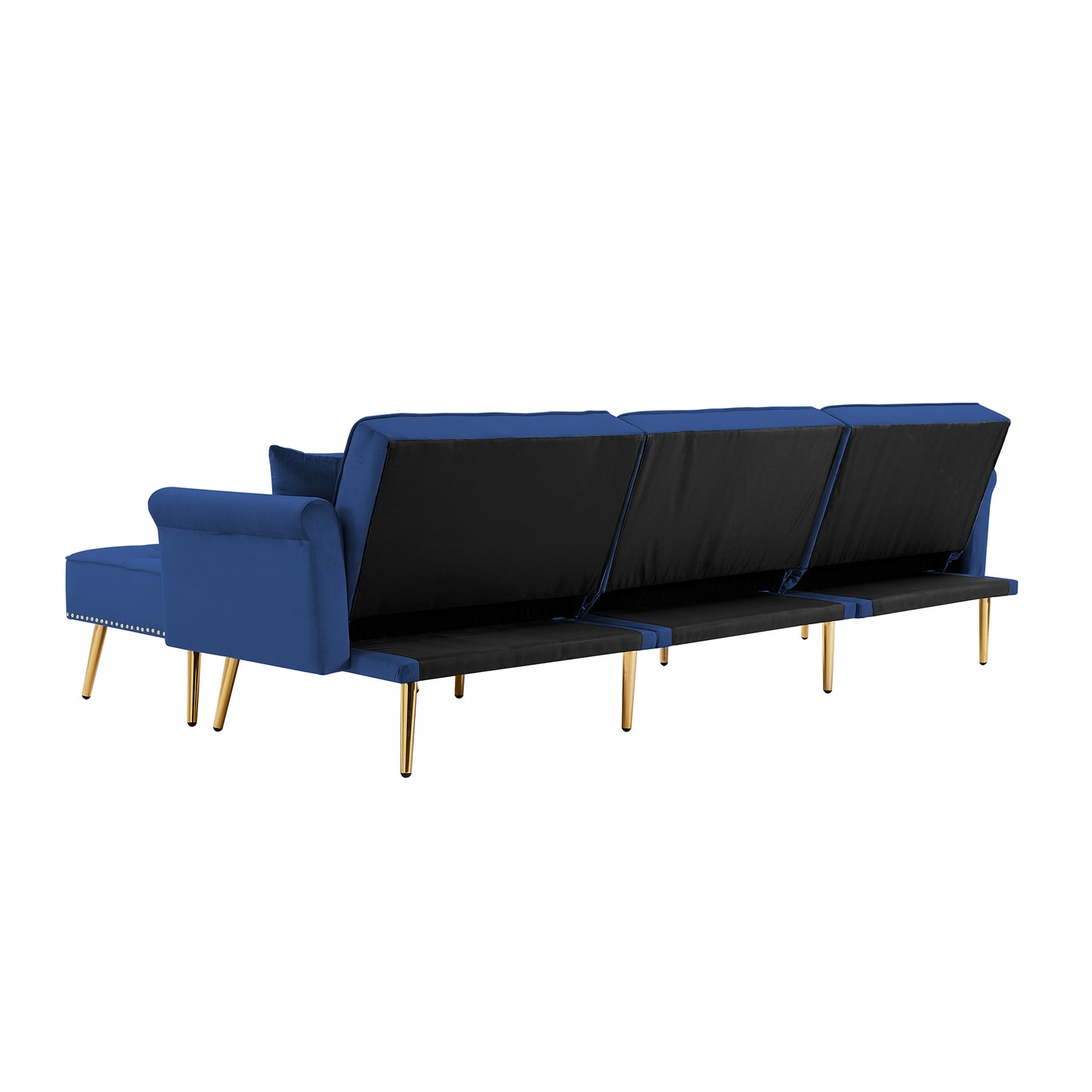 Modern Velvet Upholstered Reversible Sectional Sofa Bed, L-Shaped Couch with Movable Ottoman and Nailhead Trim For Living Room. (Blue)