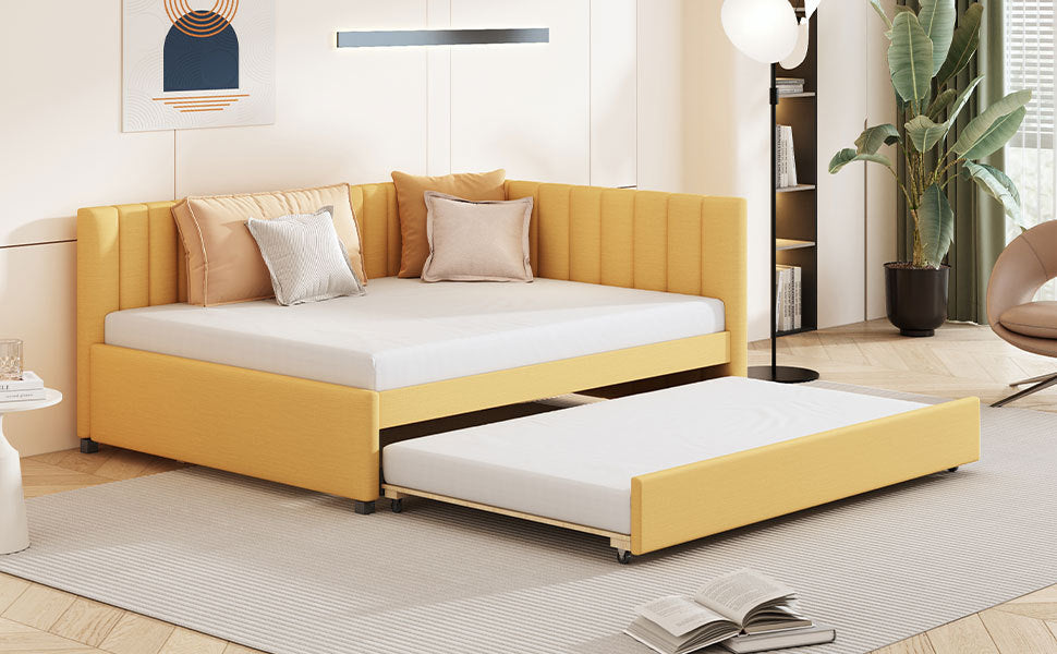 Full Size Upholstered Daybed with Trundle Sofa Bed Frame No Box Spring Needed, Linen Fabric(Yellow)