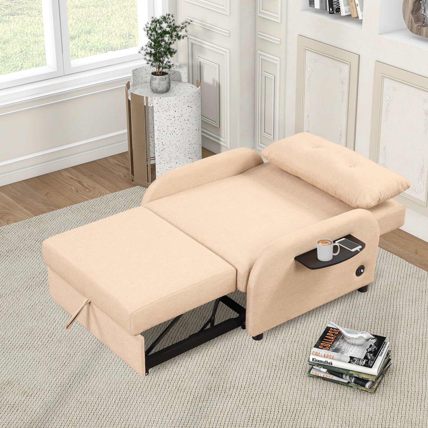 Pull out sofa sleeper 3 in 1 with 2 wing table and usb charge for nap line fabric for living room recreation room Beige