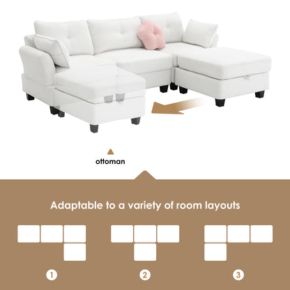 92*63"Modern Teddy Velvet Sectional Sofa,Charging Ports on Each Side,L-shaped Couch with Storage Ottoman,4 seat Interior Furniture for Living Room, Apartment,3 Colors(3 pillows)