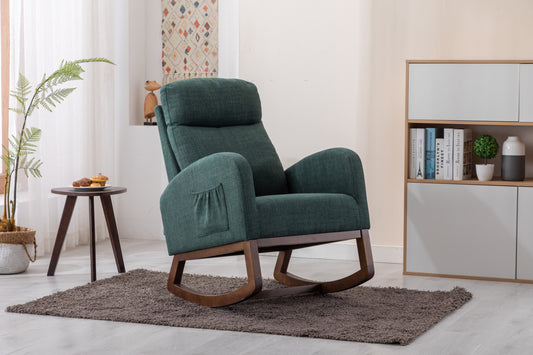 Rocking Chair, Modern Glider Chair, Recliner Armchair with Wood Legs and Side Pocket, Nursery Rocking Accent Chair with High Back for Living Room Bedroom (Emerald linen)