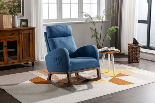 Rocking Chair, Modern Glider Chair, Recliner Armchair with Wood Legs and Side Pocket, Nursery Rocking Accent Chair with High Back for Living Room Bedroom (Blue linen)