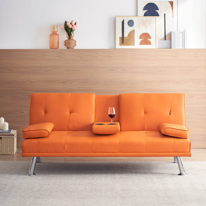 67" Orange Leather Multifunctional Double Folding Sofa Bed for Office with Coffee Table