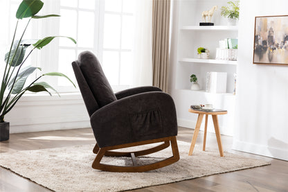 Rocking Chair, Modern Glider Chair, Recliner Armchair with Wood Legs and Side Pocket, Nursery Rocking Accent Chair with High Back for Living Room Bedroom (Dark Gray linen)