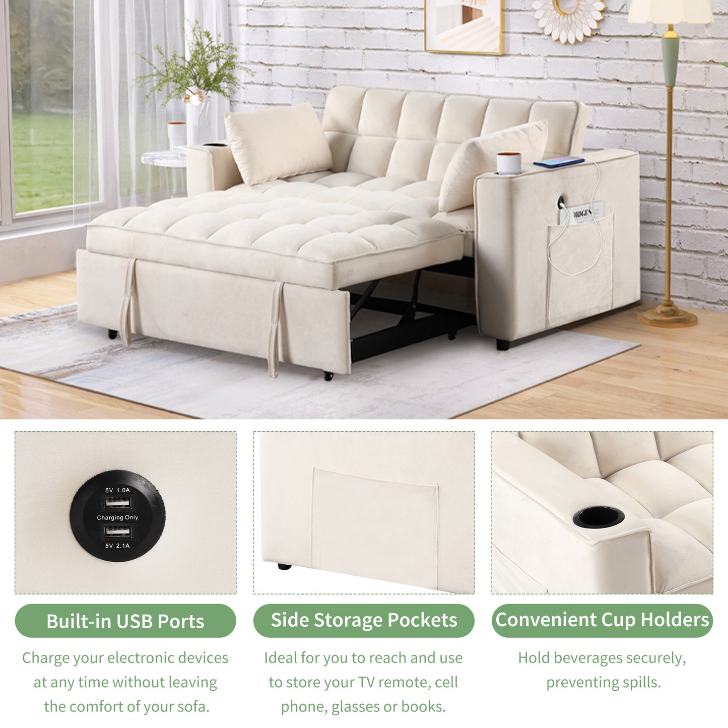 58" 4-1 Multi-functional Sofa Bed with Cup Holder and USB Port for Living Room or Apartments Milky White