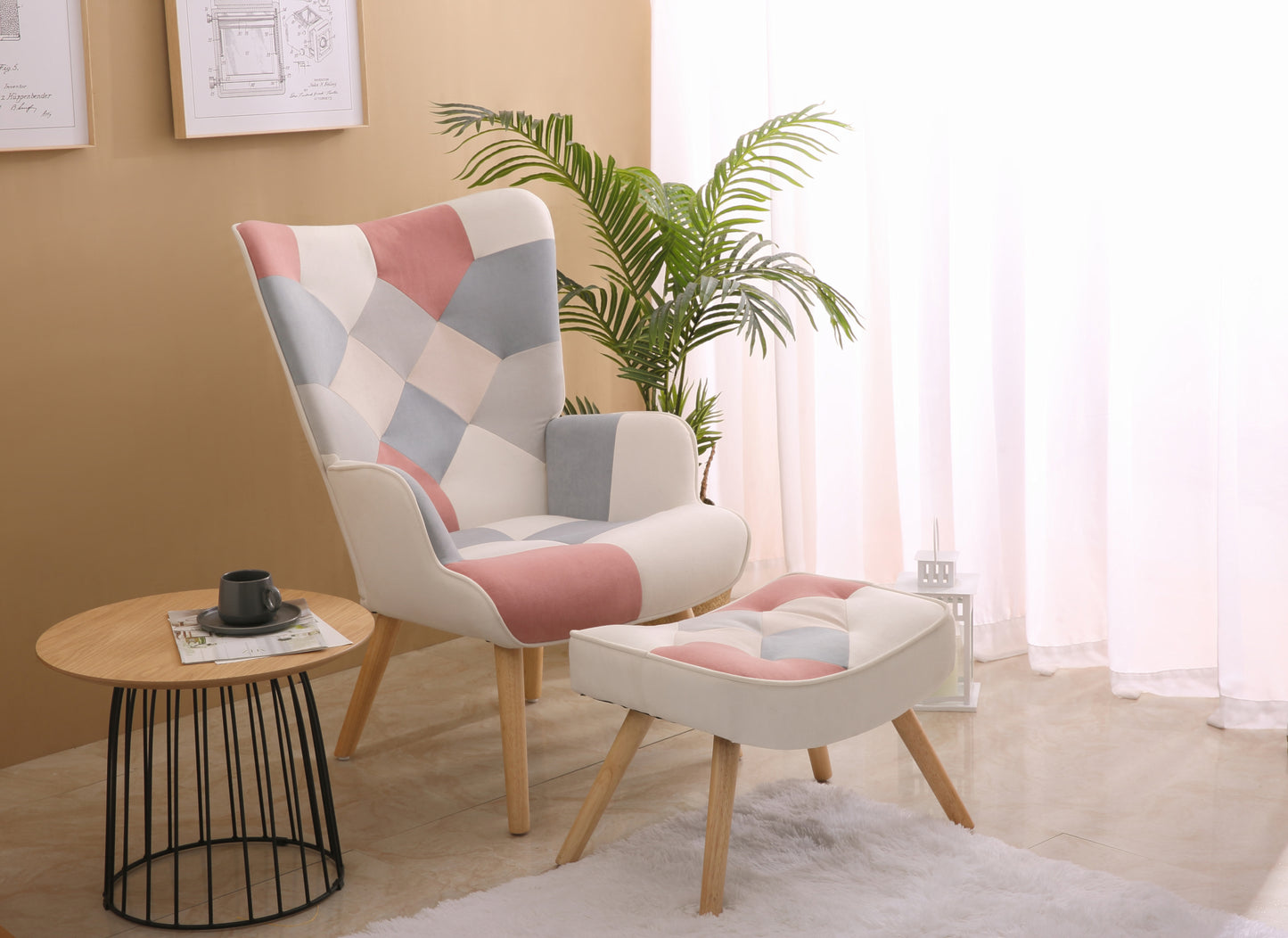 Accent Chair with Ottoman, Living Room Chair and Ottoman Set, Comfy Side Armchair for Bedroom, Creative Splicing Cloth Surface