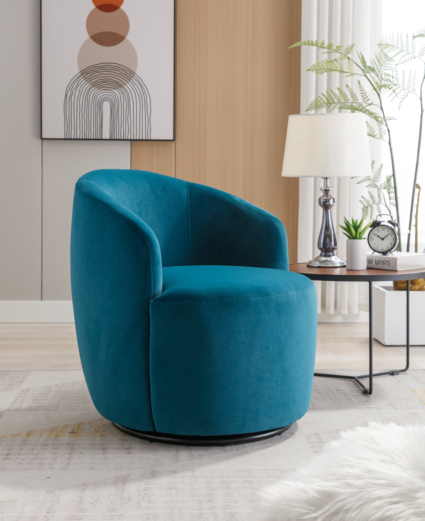 Velvet Fabric Swivel Accent Armchair Barrel Chair With Black Powder Coating Metal Ring,Teal