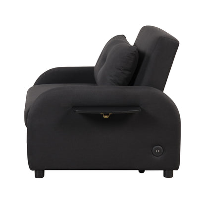 Pull out sofa sleeper 3 in 1 with 2 wing table and usb charge for nap line fabric for living room recreation room Black