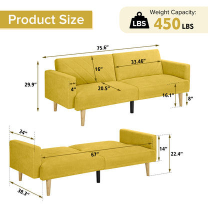 Multi-Functional Futon Sofa Bed :Tapered Wood Legs - Ideal for Small Living Rooms - Multi-Color Fabric Options - Easily Converts to Single Bed, Yellow