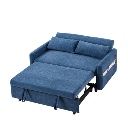 55.1" Pull Out Sleep Sofa Bed Loveseats Sofa Couch with Adjsutable Backrest, Storage Pockets, 2 Soft Pillows, USB Ports for Living Room, Bedroom, Apartment, Office, Blue (Old SKU WF307821AAC)