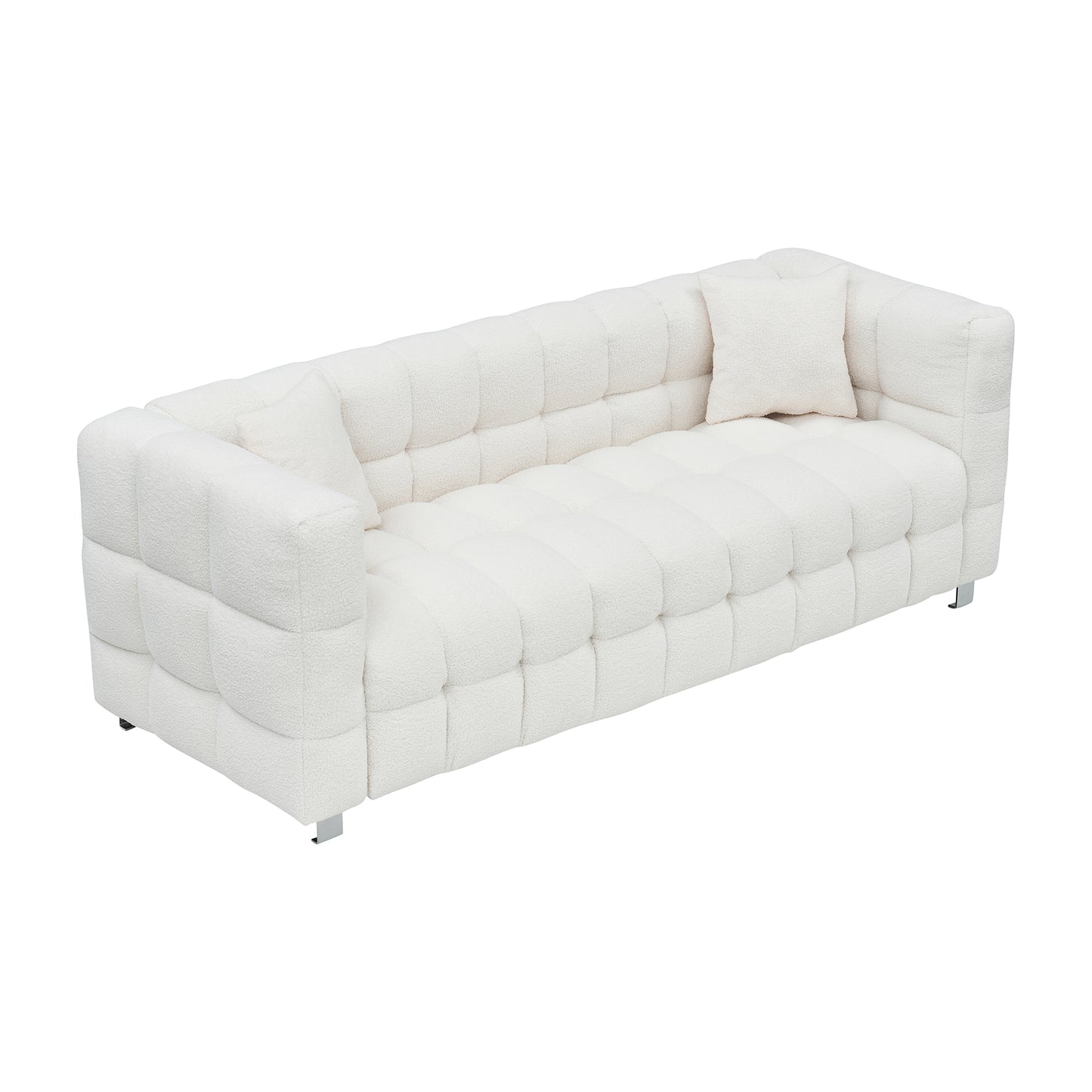 Beige White and teddy plush sofa 80 inch discharge in living room bedroom with two throw pillows hardware foot support