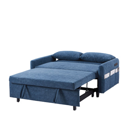 55.1" Pull Out Sleep Sofa Bed Loveseats Sofa Couch with Adjsutable Backrest, Storage Pockets, 2 Soft Pillows, USB Ports for Living Room, Bedroom, Apartment, Office, Blue (Old SKU WF307821AAC)