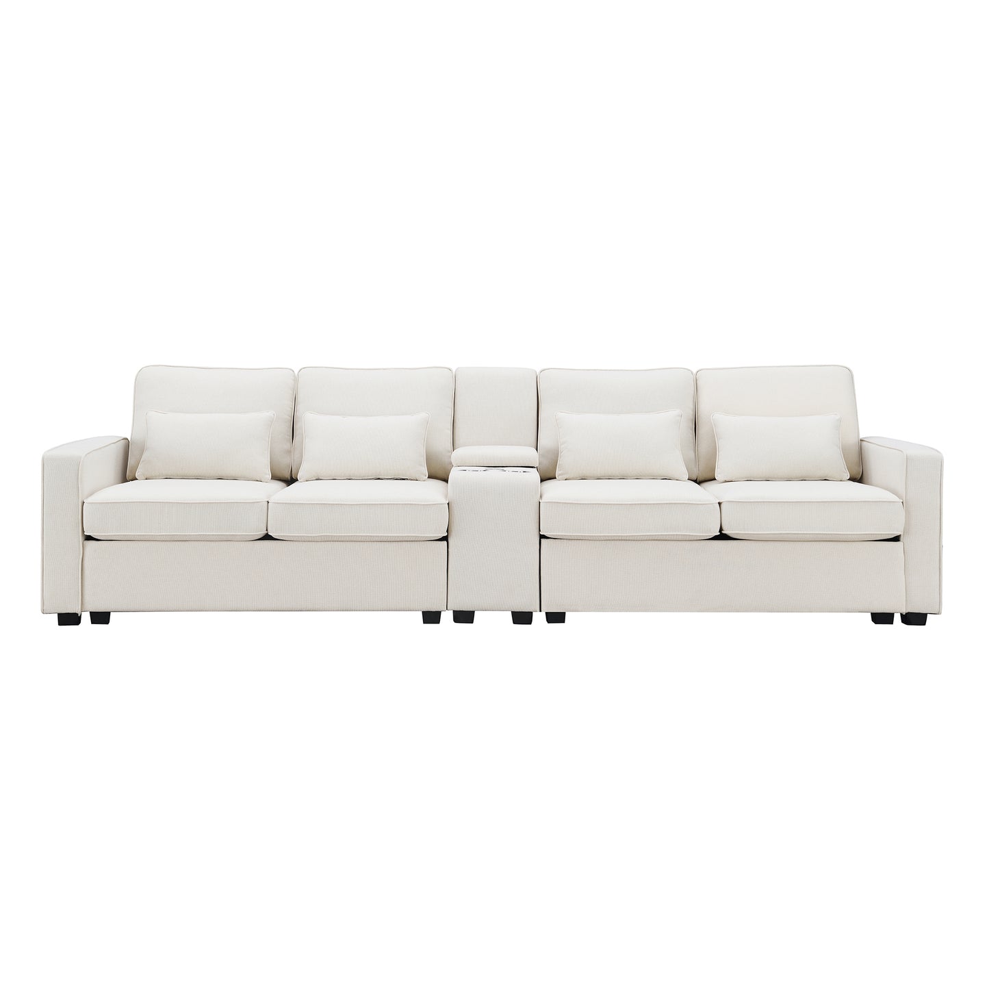 114.2" Upholstered Sofa with Console, 2 Cupholders and 2 USB Ports Wired or Wirelessly Charged, Modern Linen Fabric Couches with 4 Pillows for Living Room, Apartment