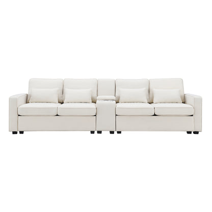 114.2" Upholstered Sofa with Console, 2 Cupholders and 2 USB Ports Wired or Wirelessly Charged, Modern Linen Fabric Couches with 4 Pillows for Living Room, Apartment