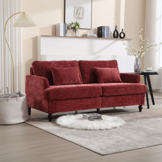 Mid Century Modern chenille Fabric Loveseat sofa, 2-Seat Upholstered Loveseat Sofa Modern Couch for Living Room,Brown wood feet sofa for Bedroom, Reading (Wine red Chenille)