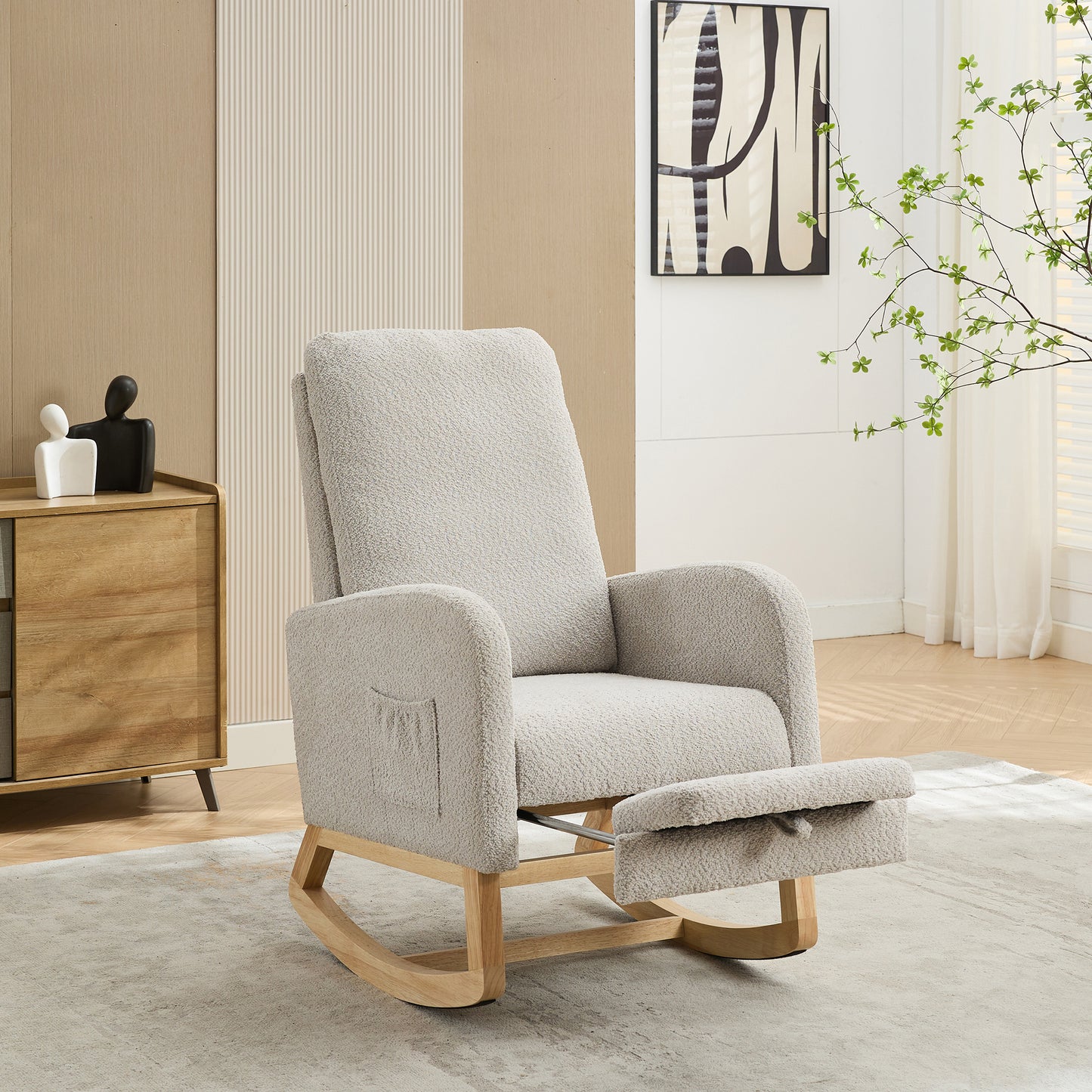 25.4"W Rocking Chair for Nursery, High Back Glider Chair with Retractable Footrest, Side Pocket, Rocking Accent Armchair with Rubber Wood Legs for Living Room/Bedroom.Light Gray