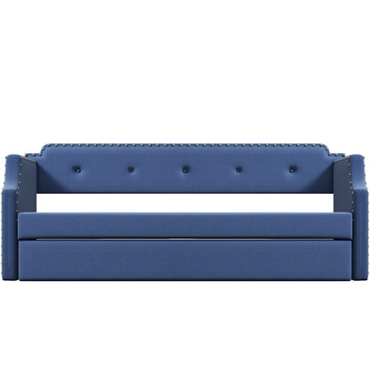 Upholstered Daybed with Trundle, Wood Slat Support,Upholstered Frame Sofa Bed, Twin,Blue