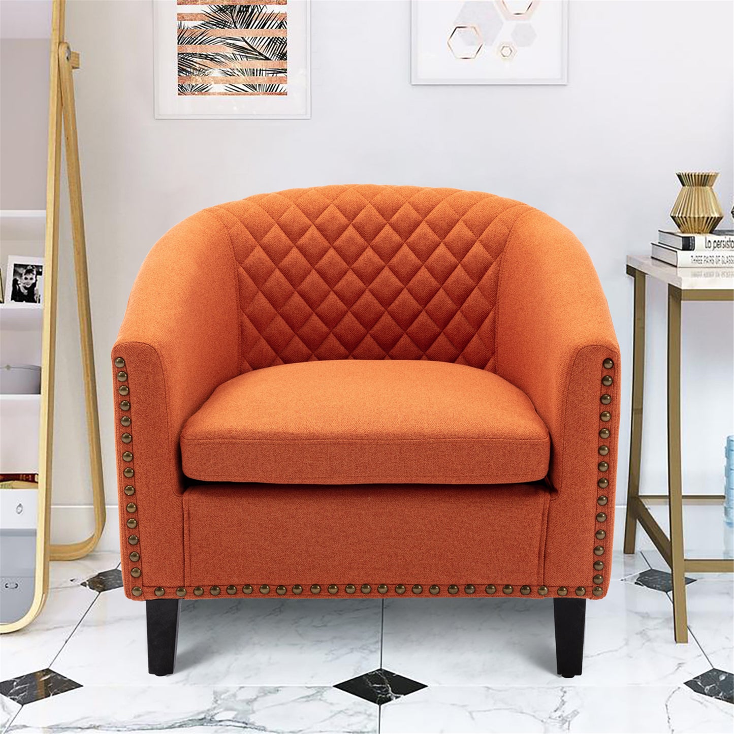 Barrel Chairs with Soft Padded Armrest, Club Chairs with nailheads and solid wood legs for Living Room Bedroom Waiting Room (Orange Linen)