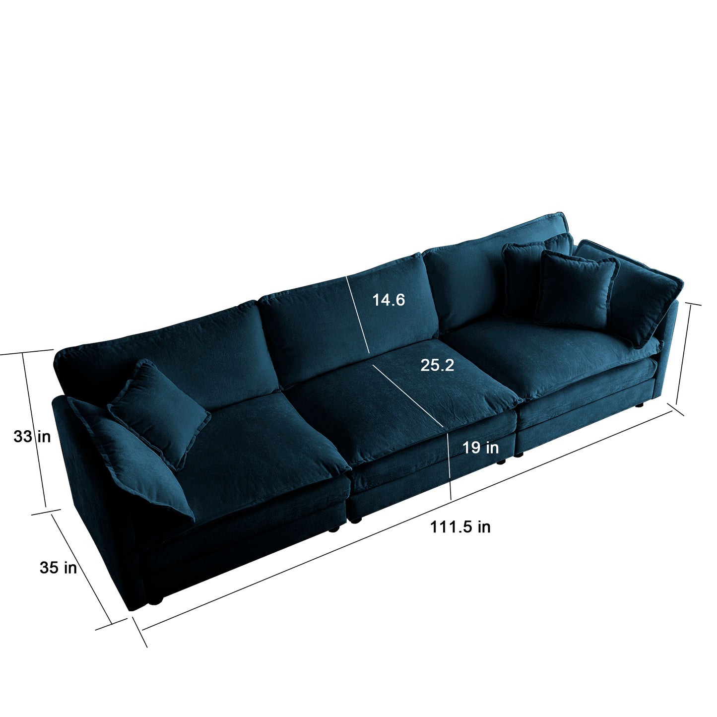 Mid-Century Modern Couch 3-Seater Sofa with 2 Armrest Pillows and 3 Toss Pillows, Couch for Living Room Blue Chenille