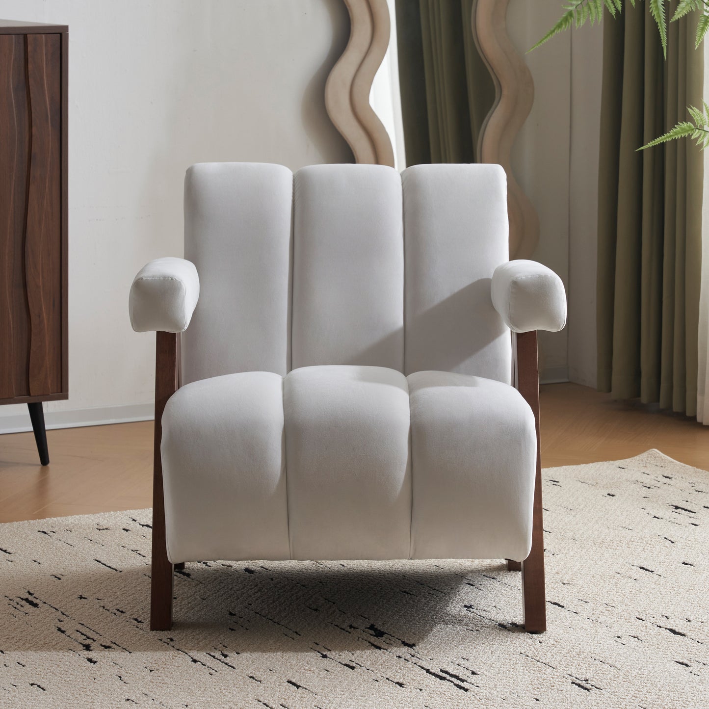 Mid Century Modern Accent Chair with Solid Wood Frame, Upholstered Living Room Chairs with Thick Cushion, Comfy Tufted Arm Chair for Bedroom, Living Room, Velvet, Ivory