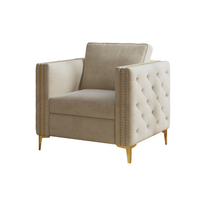 Accent Chair for Living Room Upholstered Arm Chair with Metal Legs Beige Velvet