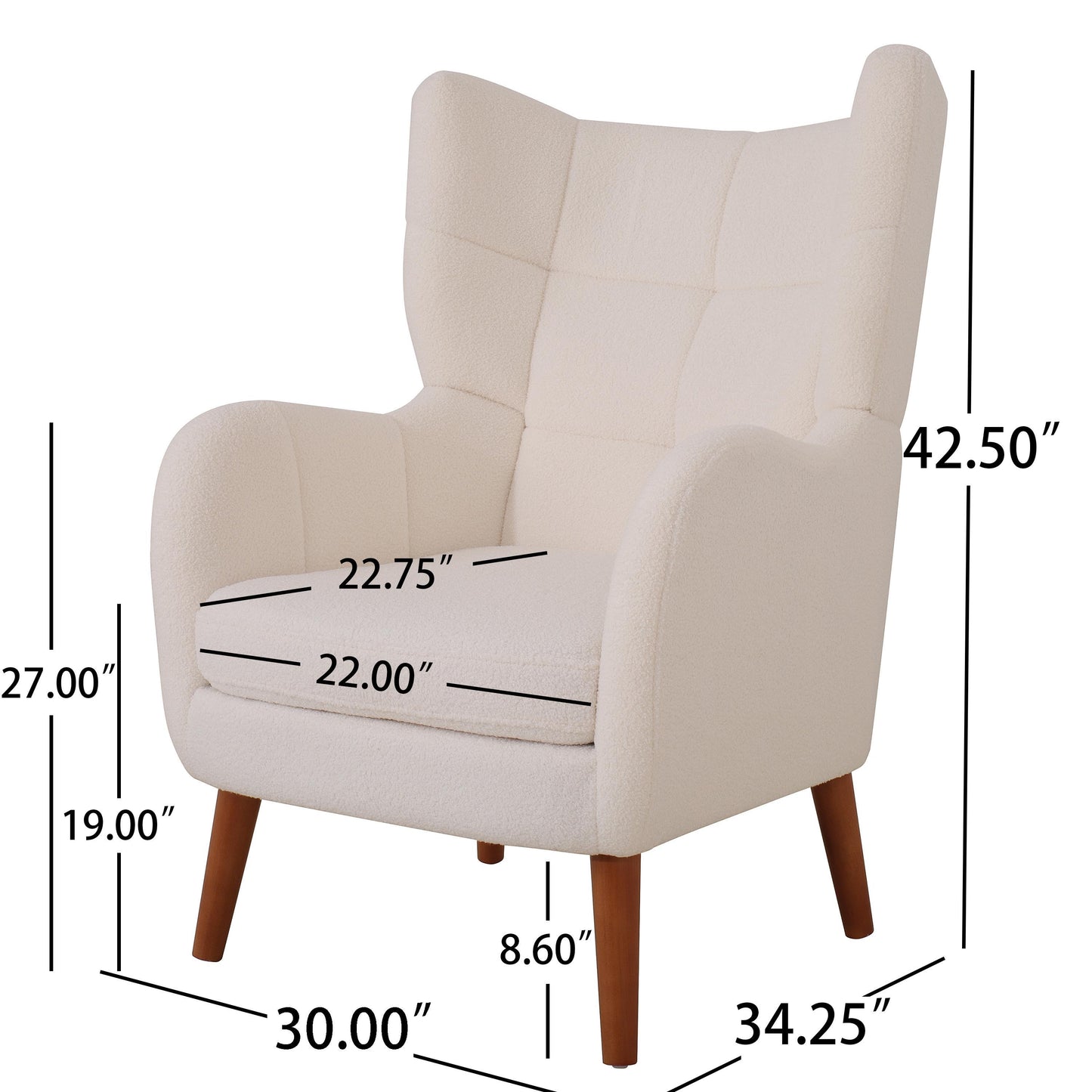 Mid-Century Accent Chair, Ivory White, Modern Retro Club Chair, Birch Frame, Upholstered Teddy Wool Fabric, Single Sofa Armchair for Small Spaces, Living Room, Bedroom, Reading Corner, Balcony,Office