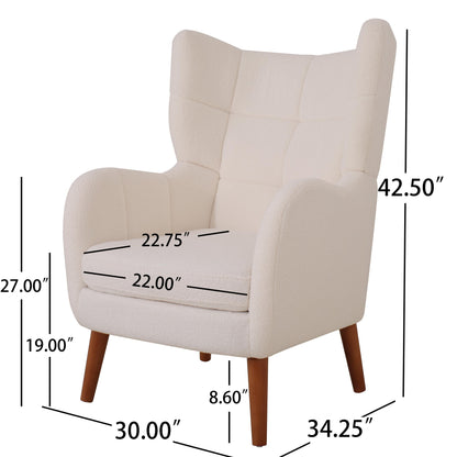 Mid-Century Accent Chair, Ivory White, Modern Retro Club Chair, Birch Frame, Upholstered Teddy Wool Fabric, Single Sofa Armchair for Small Spaces, Living Room, Bedroom, Reading Corner, Balcony,Office