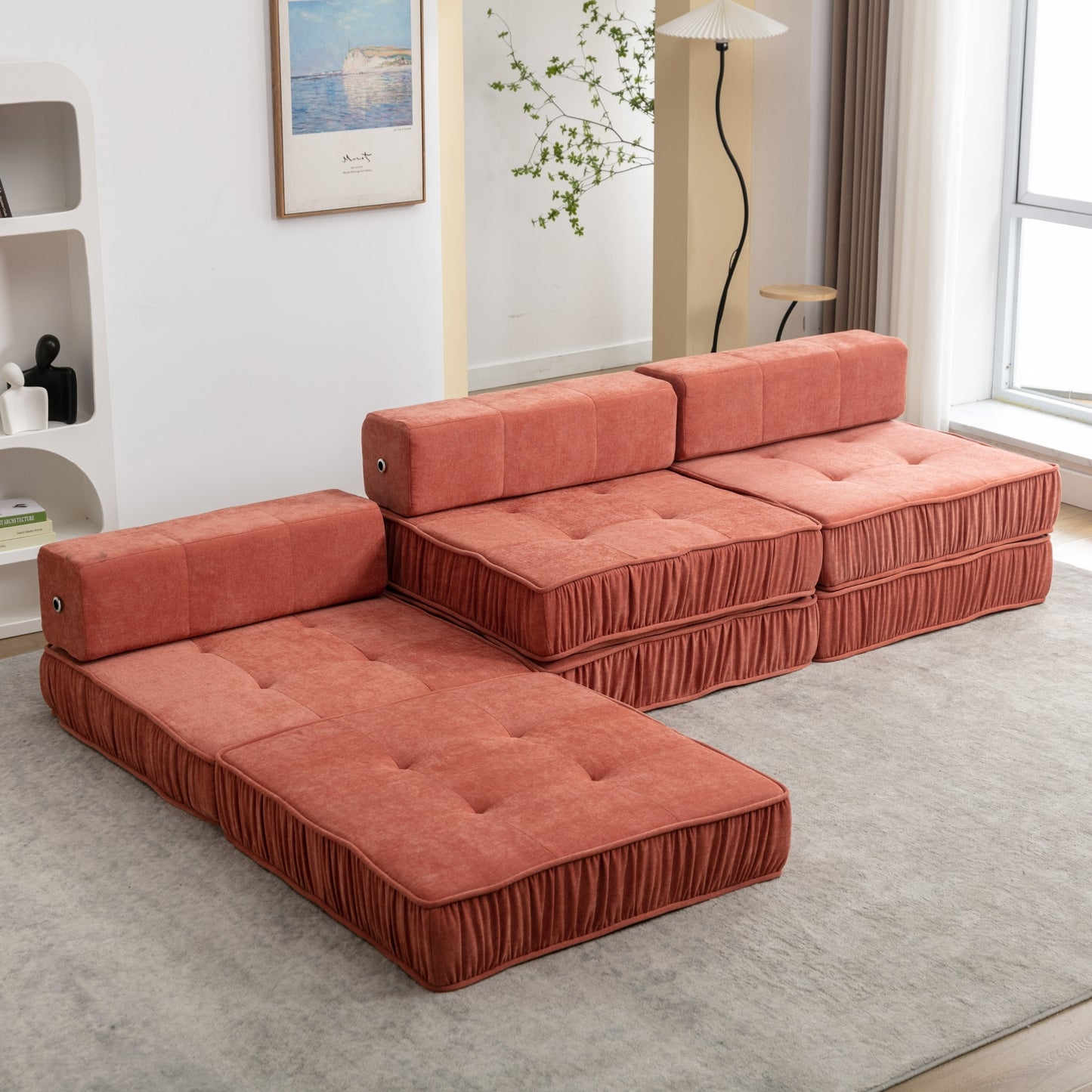 Folding Sofa Bed, Futon Sleeper Chair, Convertible Chair Floor Couch & Sleeping Mattress for Living Room, Guest Room, Home Office, Apartment, Small space, Bed, Removable Back Cushion, Orange, 1 Seat