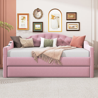 Size Tufted Upholstered Daybed with Trundle,Velvet Sofabed with USB&Type-C Charging Ports,No Box-spring Needed, Pink