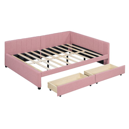 Full Size Upholstered Daybed with 2 Storage Drawers Sofa Bed Frame No Box Spring Needed, Linen Fabric (Pink)