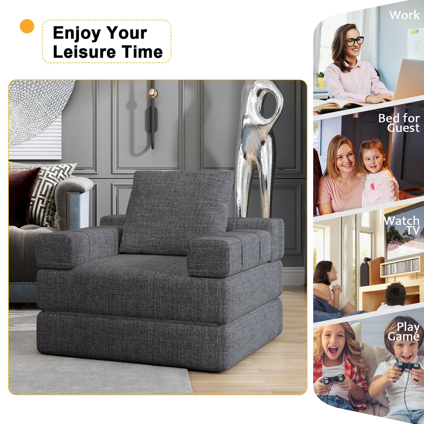 Single sofa chair that converts to a single sofa bed for living room, guest room, playroom, Dark Grey