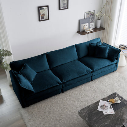 Mid-Century Modern Couch 3-Seater Sofa with 2 Armrest Pillows and 3 Toss Pillows, Couch for Living Room Blue Chenille