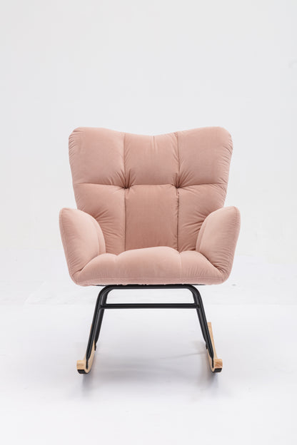 Mid Century Modern Velvet Tufted Upholstered Rocking Chair Padded Seat for Living Room Bedroom, Pink