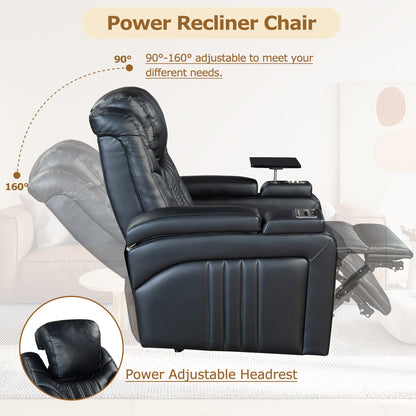 PU Leather Power Recliner Home Theater Recliner with Power Adjustable Headrest, Wireless Charging Device, USB Port, Storage Arms, Cup Holder and Swivel Tray Table for Living Room, Black