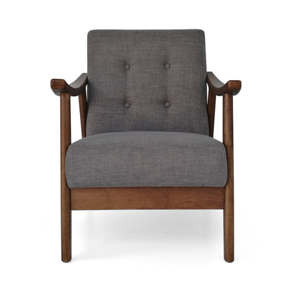 Mid-Century Modern Accent Chair, Tufted Armchair with Dark Gray Upholstery and Brown Frame, 1-Piece