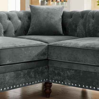 80" Deep Button Tufted Upholstered Roll Arm Luxury Classic Chesterfield L-shaped Sofa 3 Pillows Included, Solid Wood Gourd Legs, Grey velvet