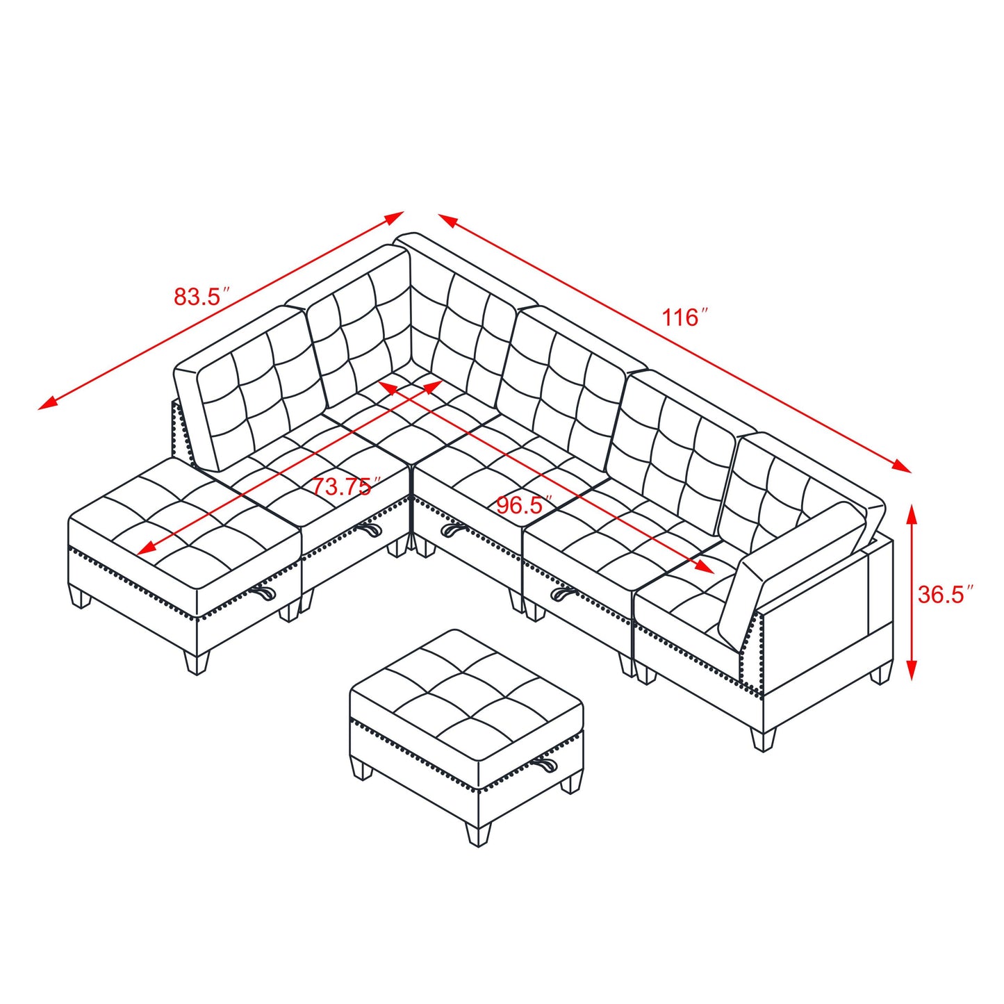 L shape Modular Sectional Sofa,DIY Combination,includes Three Single Chair,Two Corner and Two Ottoman,Black Velvet.